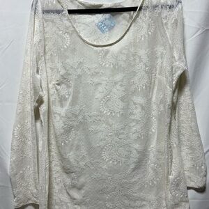 Women's Lace Overlay Long Sleeve Top - Ivory
